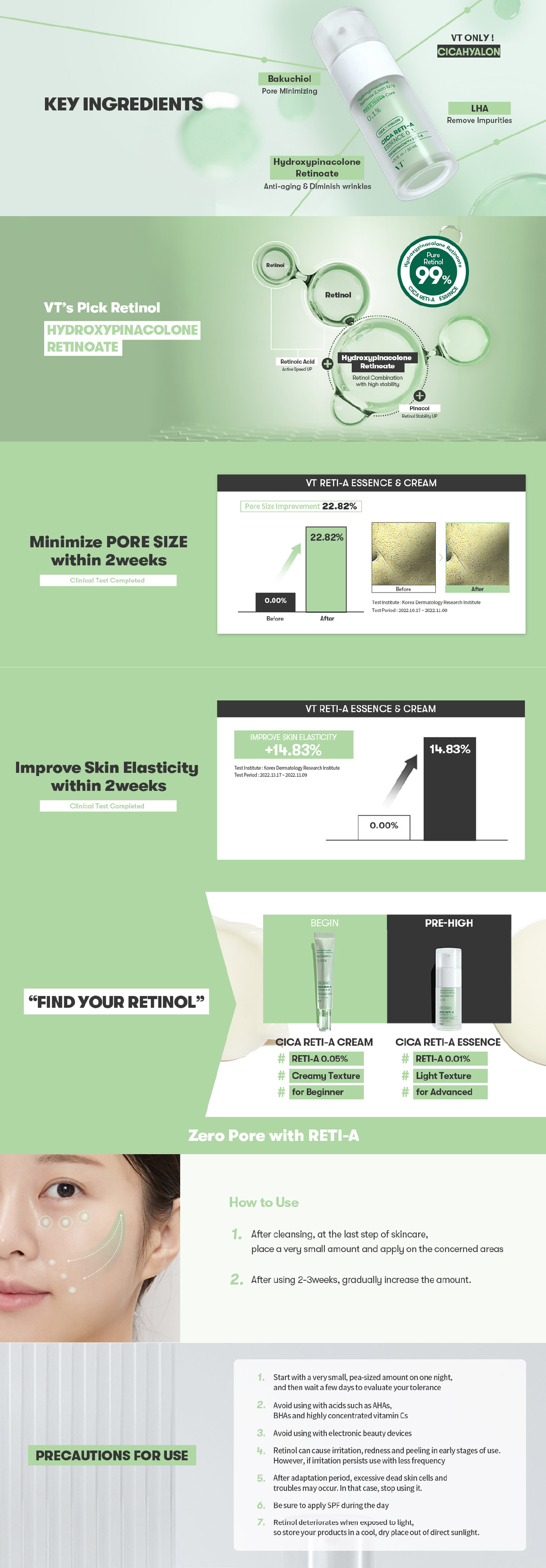 VT Cosmetics Cica Reti-A Essence 0.1 key benefits and ingredients infographic for refined pores and skin texture.
