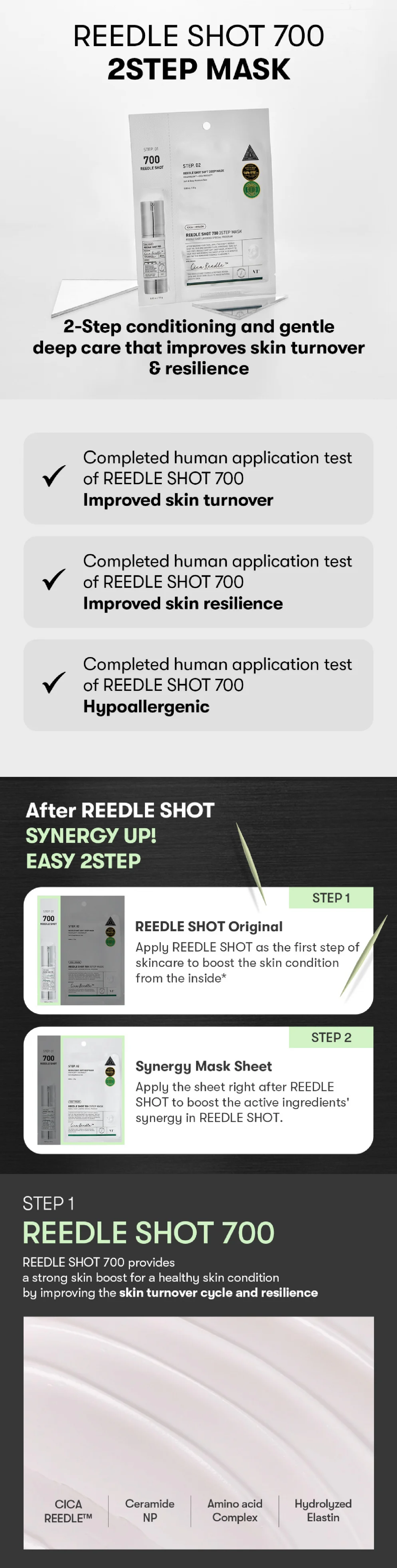 VT COSMETICS Reedle Shot 700 2-Step Mask packaging and application steps for revitalizing skin treatment.