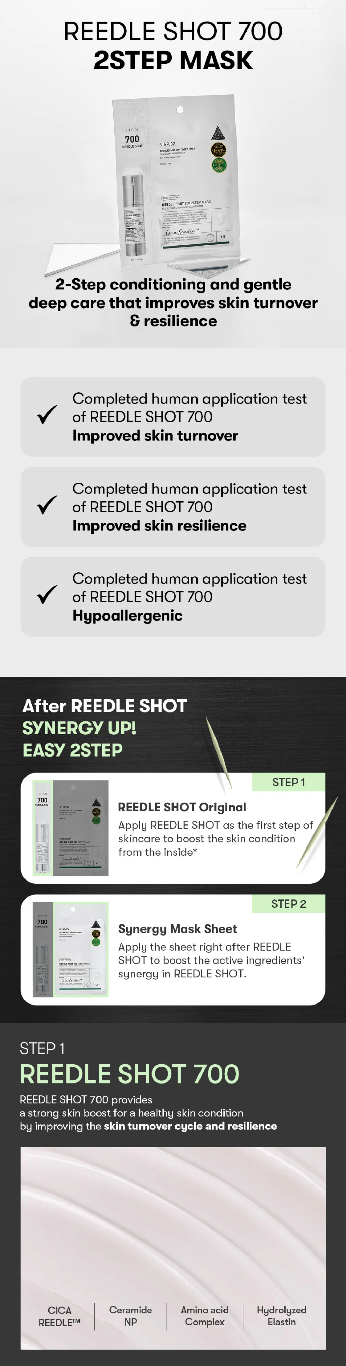 VT COSMETICS Reedle Shot 700 2-Step Mask packaging and application steps for revitalizing skin treatment.