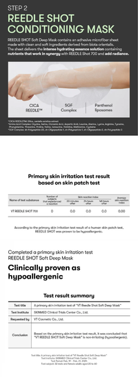 VT COSMETICS Reedel Shot Conditioning Mask details including ingredients and hypoallergenic test results.