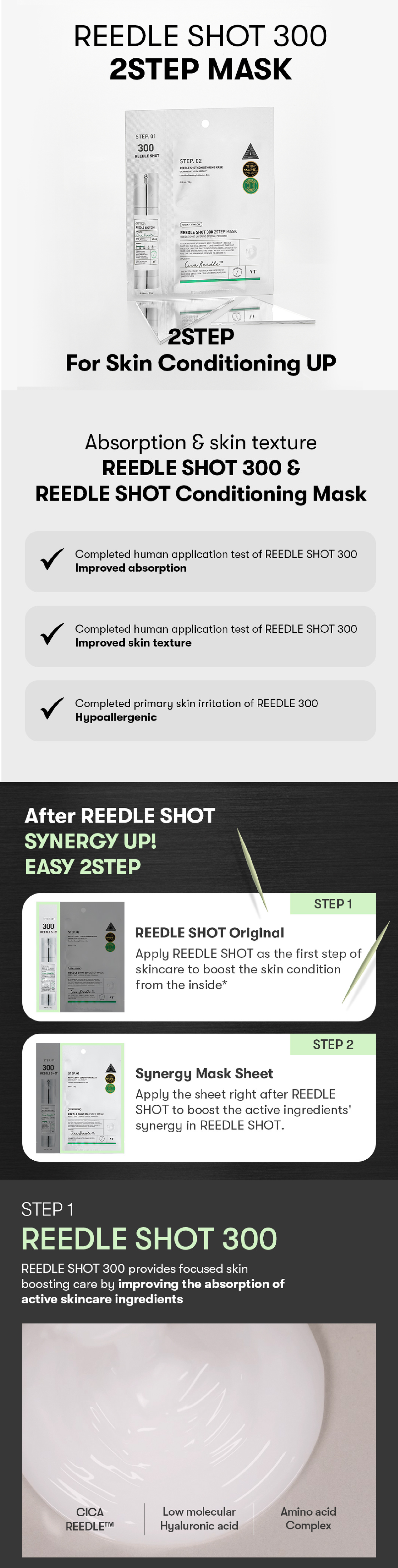 VT Cosmetics Reedle Shot 300 2-Step Mask packaging and application steps for enhanced skin conditioning.