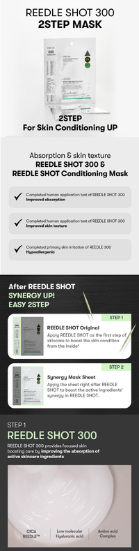 VT Cosmetics Reedle Shot 300 2-Step Mask packaging and application steps for enhanced skin conditioning.