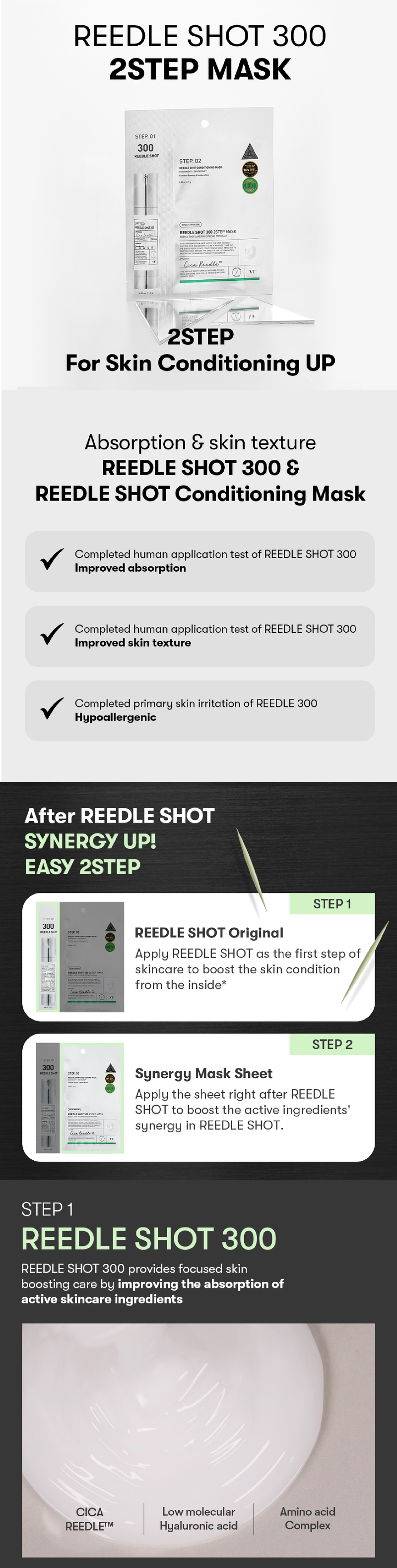 VT Cosmetics Reedle Shot 300 2-Step Mask packaging and application steps for enhanced skin conditioning.