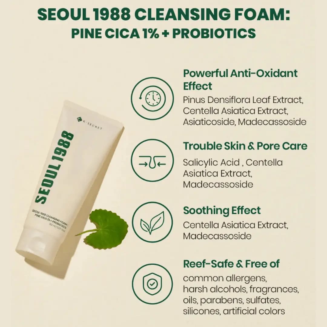 K-SECRET SEOUL 1988 Cleansing Foam: Pine Cica 1% + Probiotics K-SECRET